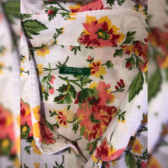 Benetton White Floral Oxford Shirt Top Size: M - Picture 7 of 7